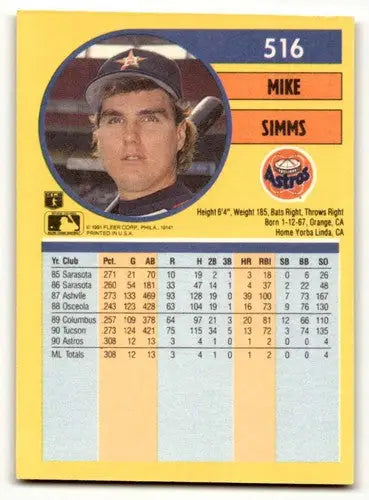 Close-up of the original gloss back of 1991 Fleer Mike Simms Houston Astros baseball card