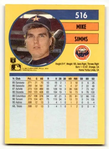 Original gloss Mike Simms Houston baseball card from 1991 Fleer #516 showcasing Simms Houston Astros
