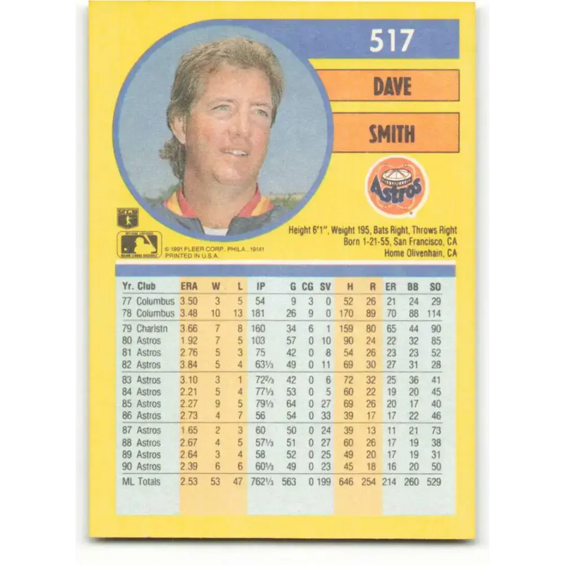 1991 Fleer #517 Dave Smith NM-MT Houston Astros Baseball Card - Baseball Card Single