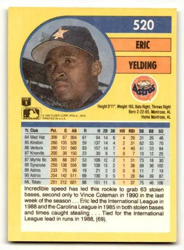 Baseball card back showing original gloss for Houston Astros Eric Yelding 1991 Fleer