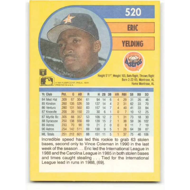 1991 Fleer #520 Eric Yelding NM-MT Houston Astros Baseball Card - Baseball Card Single