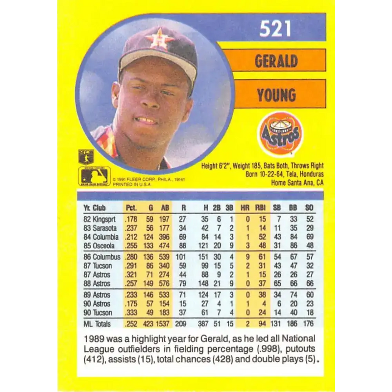 1991 Fleer #521 Gerald Young NM-MT Houston Astros Baseball Card - Baseball Card Single