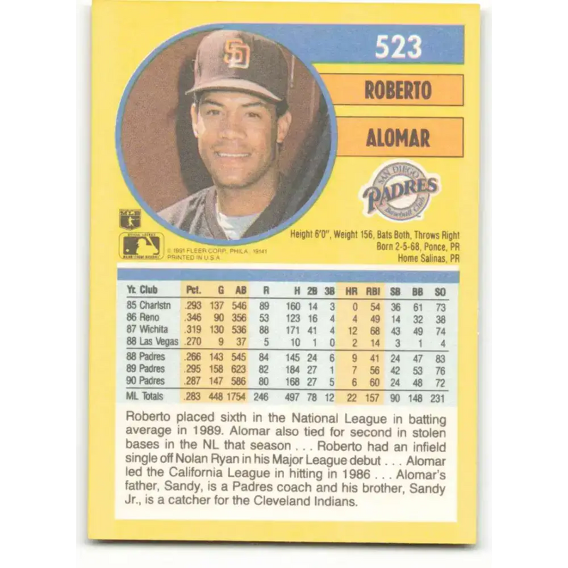 1991 Fleer #523 Roberto Alomar NM-MT San Diego Padres Baseball Card - Baseball Card Single