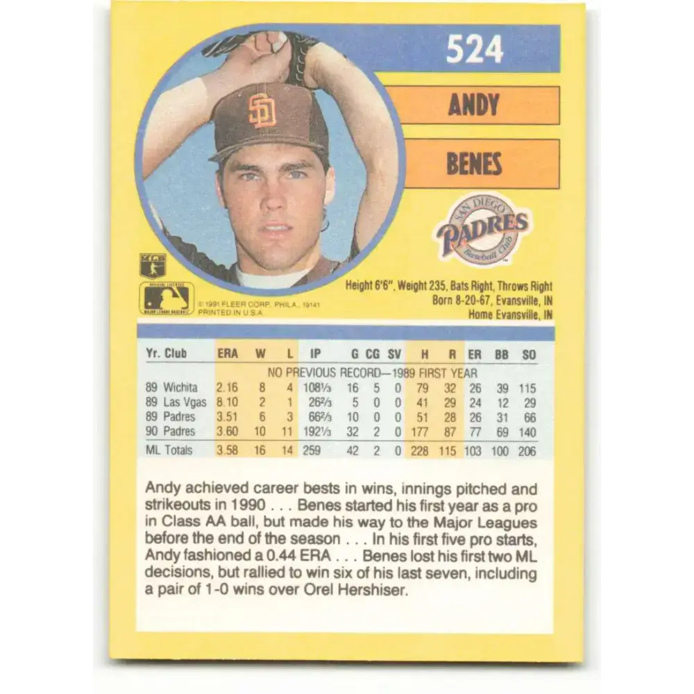 1991 Fleer #524 Andy Benes NM-MT San Diego Padres Baseball Card - Baseball Card Single