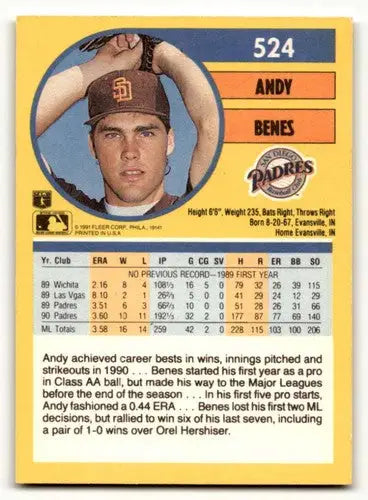 Andy Benes San Diego Padres baseball card from 1991 Fleer #524 featuring Benes San Diego