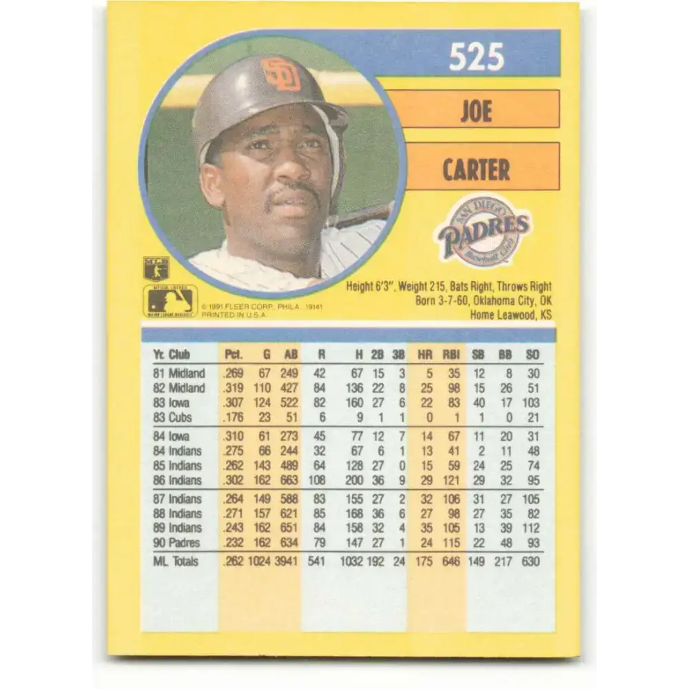 1991 Fleer #525 Joe Carter NM-MT San Diego Padres Baseball Card - Baseball Card Single