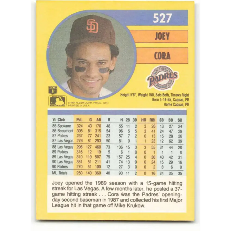 1991 Fleer #527 Joey Cora NM-MT San Diego Padres Baseball Card - Baseball Card Single