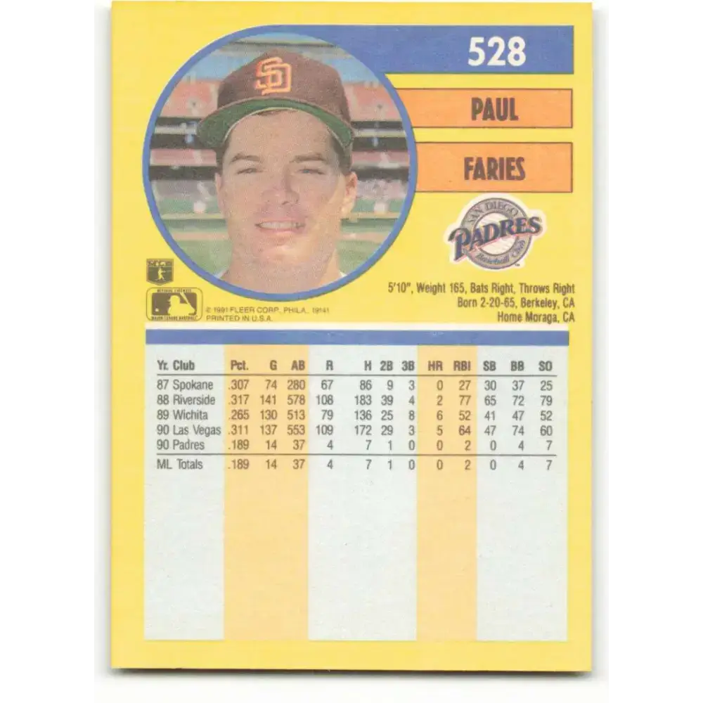 1991 Fleer #528 Paul Faries NM-MT RC Rookie San Diego Padres Baseball Card - Baseball Card Single