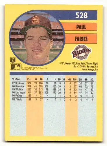 Baseball card back of 1991 Fleer Paul Faries San Diego Padres EX/NM ID:55261