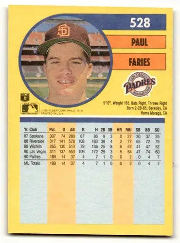Paul Faries San Diego Padres baseball card from 1991 Fleer #528 NM near condition