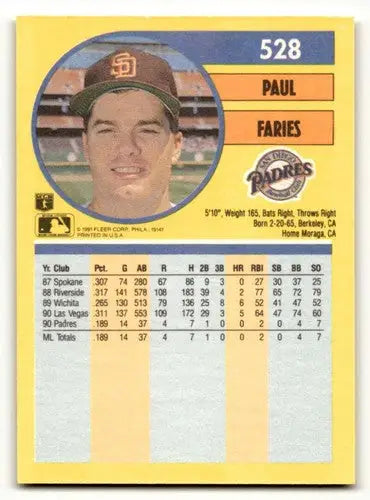Original gloss Paul Faries San Diego Padres baseball card from 1991 Fleer #528