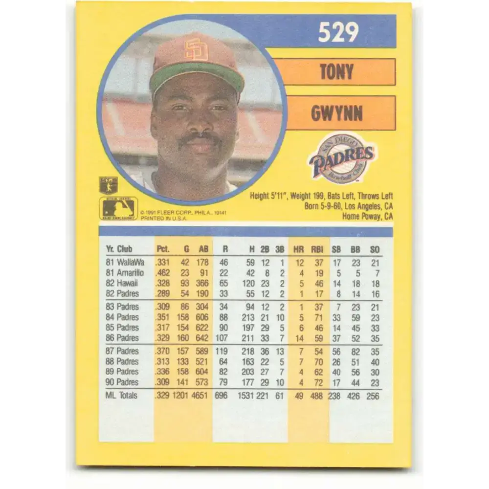1991 Fleer #529 Tony Gwynn NM-MT San Diego Padres Baseball Card - Baseball Card Single