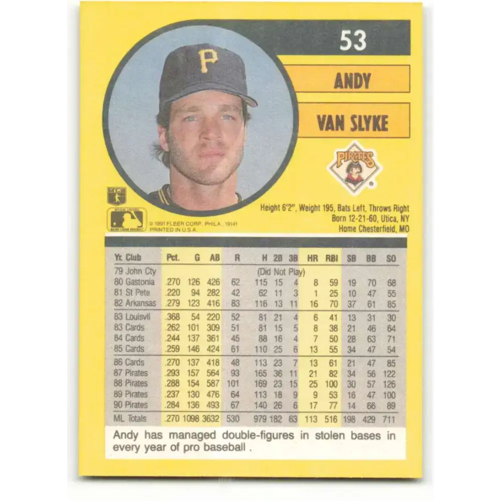 1991 Fleer #53 Andy Van Slyke NM-MT Pittsburgh Pirates Baseball Card - Baseball Card Single