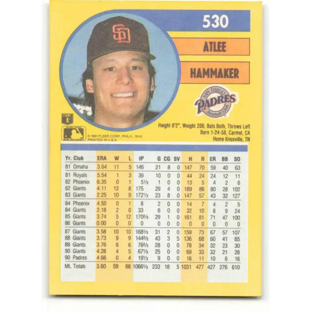 1991 Fleer #530 Atlee Hammaker NM-MT San Diego Padres Baseball Card - Baseball Card Single