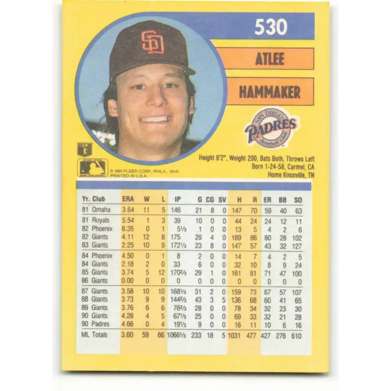 1991 Fleer #530 Atlee Hammaker NM-MT San Diego Padres Baseball Card - Baseball Card Single