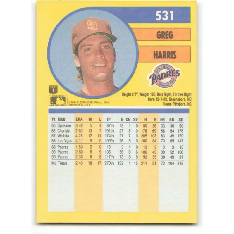 1991 Fleer #531 Greg Harris NM-MT San Diego Padres Baseball Card - Baseball Card Single