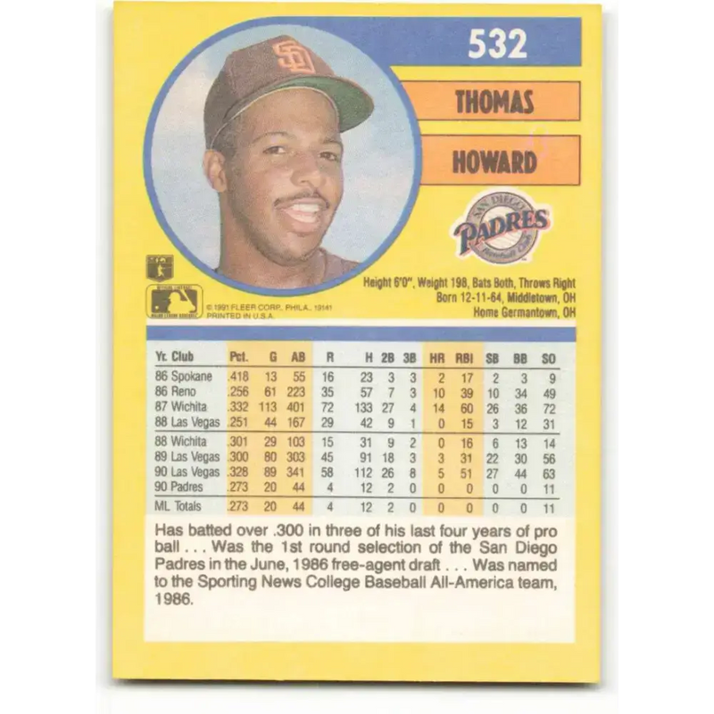 1991 Fleer #532 Thomas Howard NM-MT San Diego Padres Baseball Card - Baseball Card Single