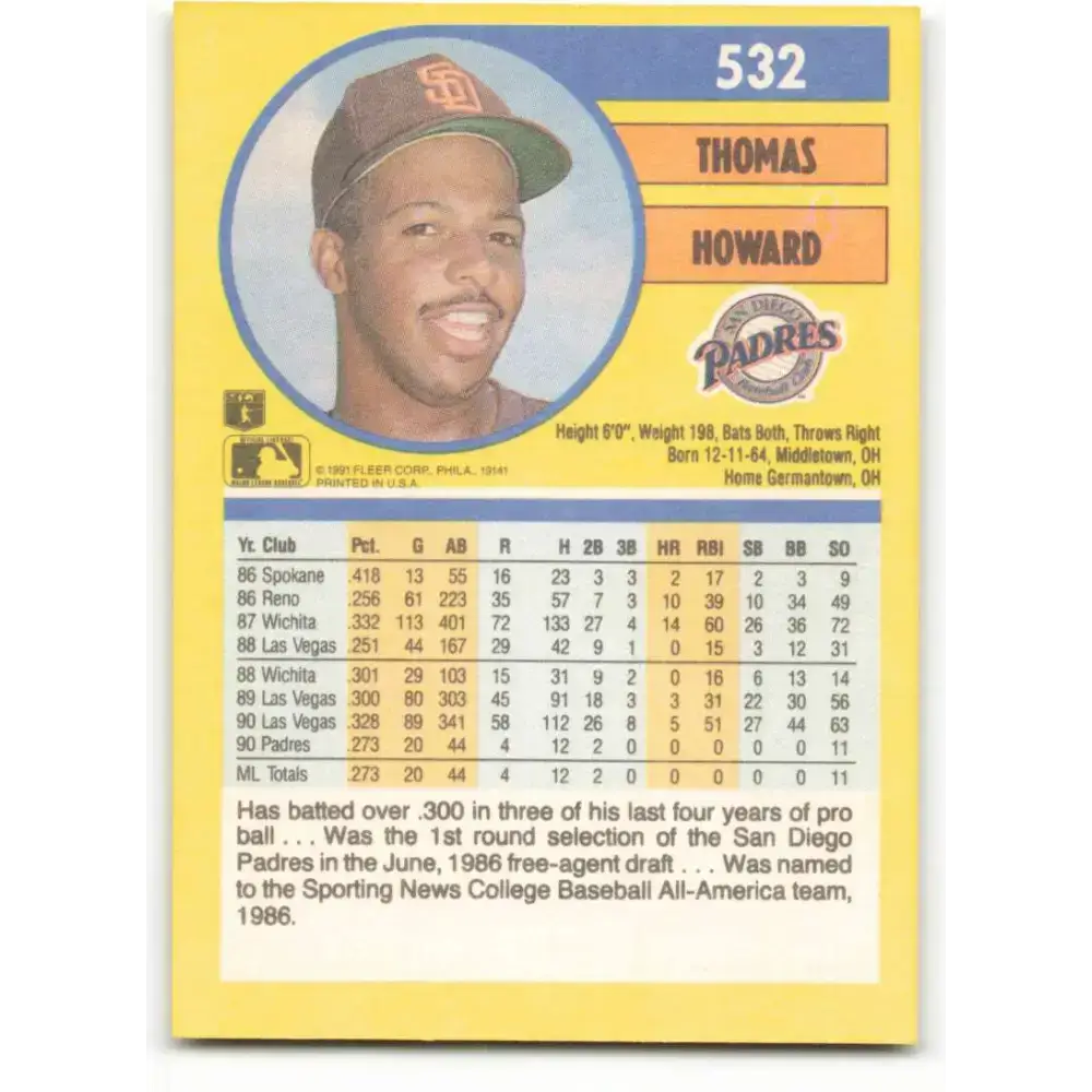1991 Fleer #532 Thomas Howard NM-MT San Diego Padres Baseball Card - Baseball Card Single