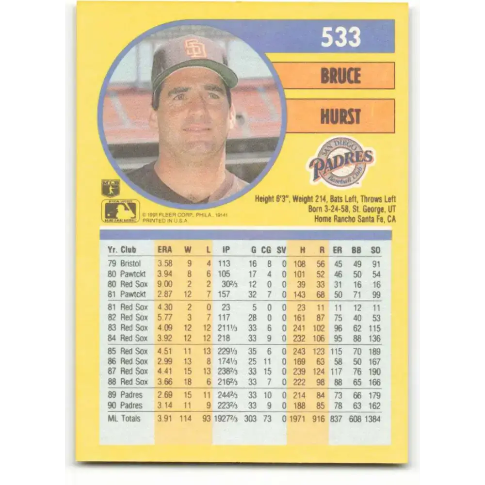 1991 Fleer #533 Bruce Hurst NM-MT San Diego Padres Baseball Card - Baseball Card Single