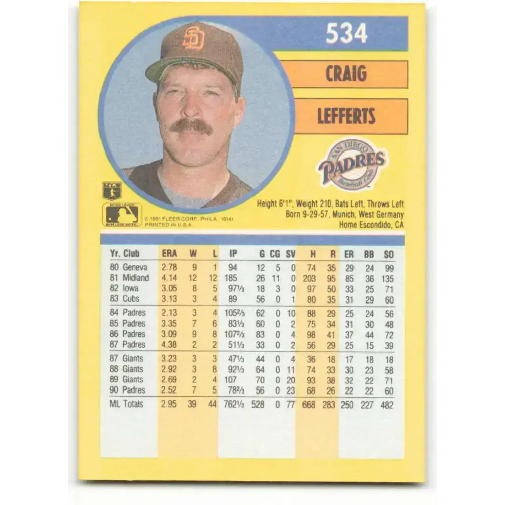 1991 Fleer #534 Craig Lefferts NM-MT San Diego Padres Baseball Card - Baseball Card Single