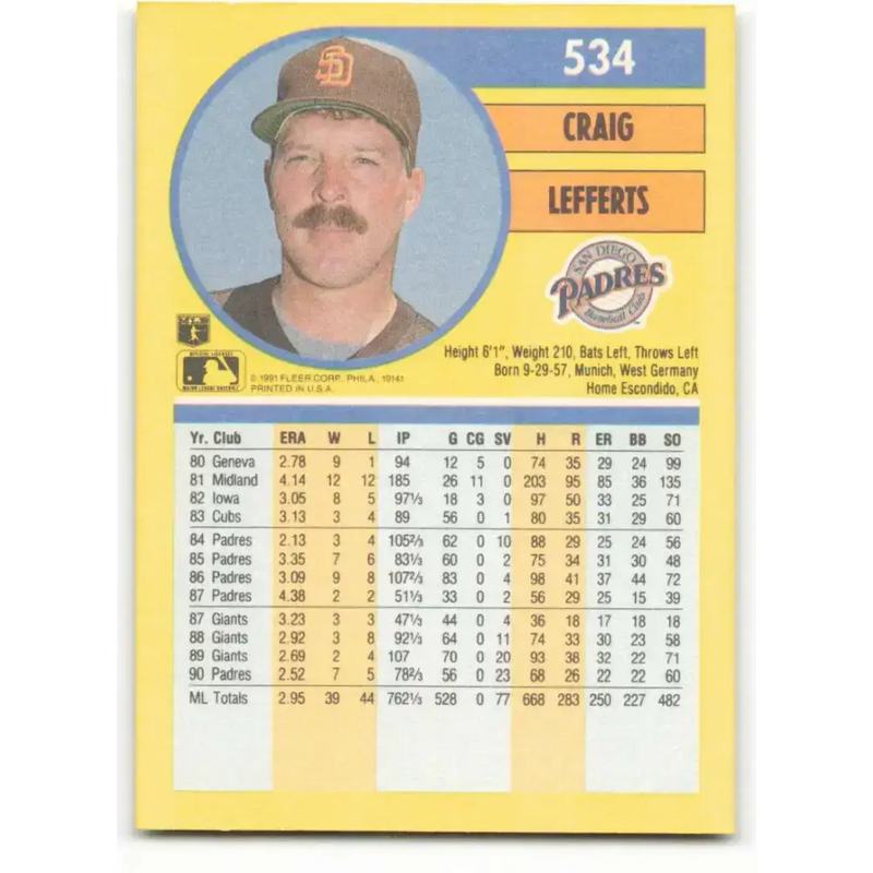 1991 Fleer #534 Craig Lefferts NM-MT San Diego Padres Baseball Card - Baseball Card Single