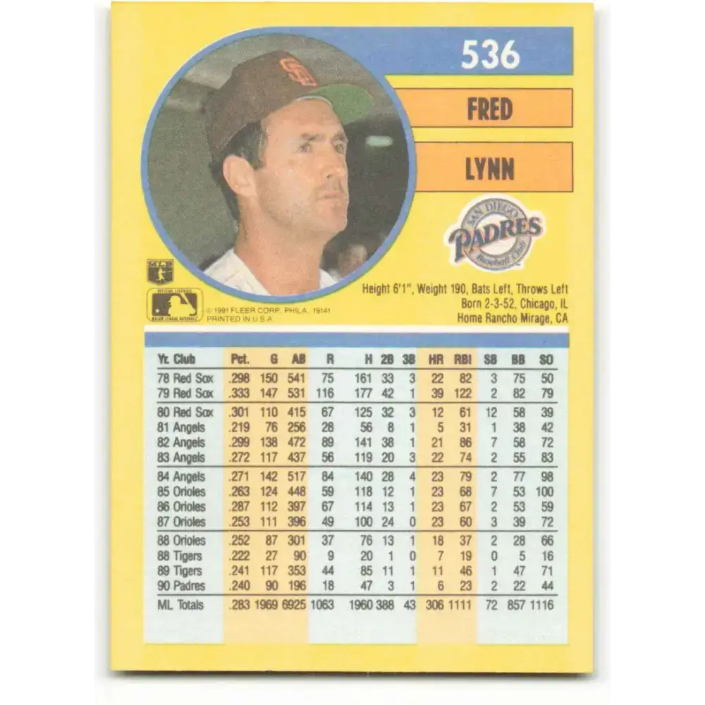 1991 Fleer #536 Fred Lynn NM-MT San Diego Padres Baseball Card - Baseball Card Single