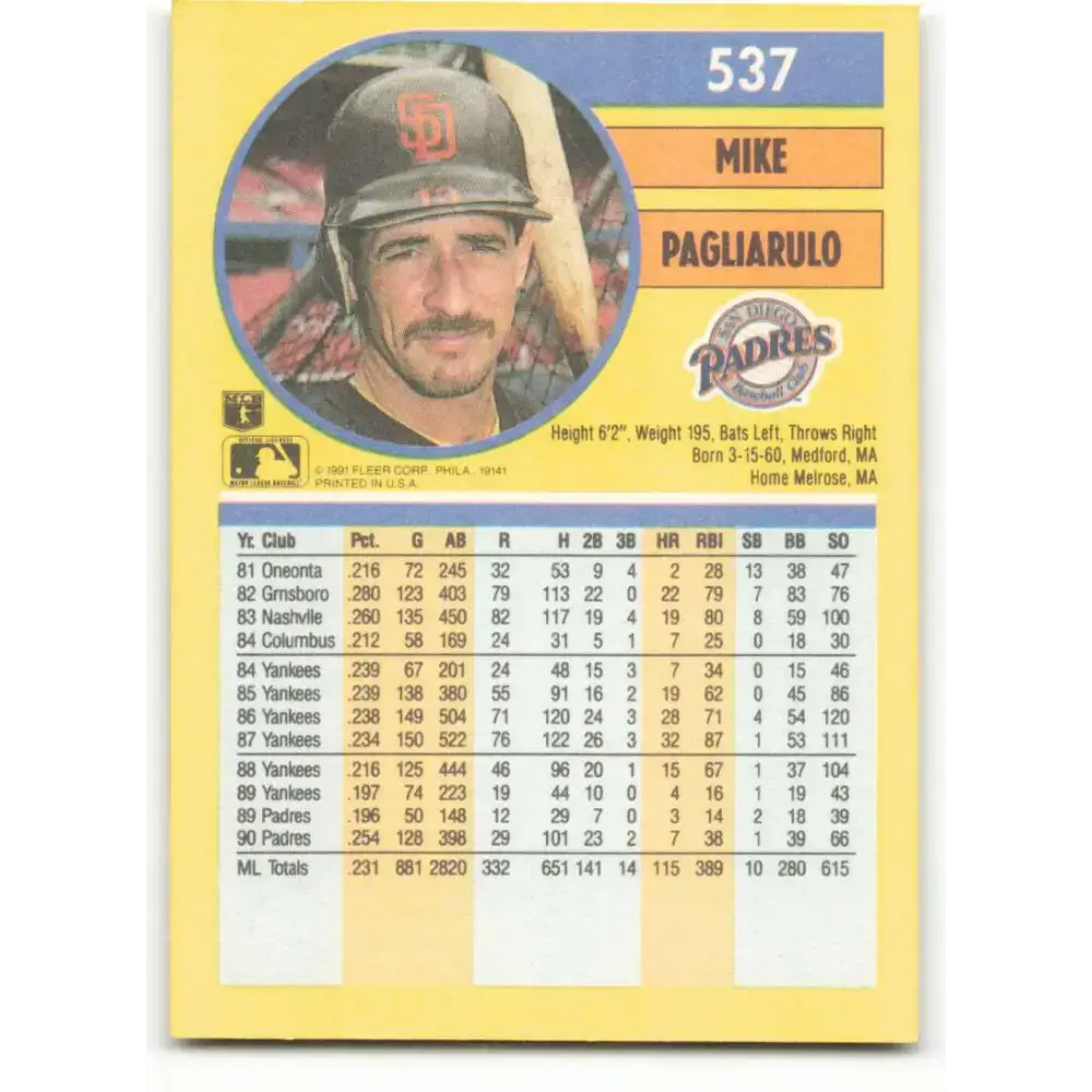 1991 Fleer #537 Mike Pagliarulo NM-MT San Diego Padres Baseball Card - Baseball Card Single