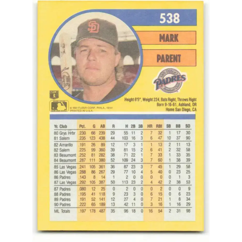1991 Fleer #538 Mark Parent NM-MT San Diego Padres Baseball Card - Baseball Card Single