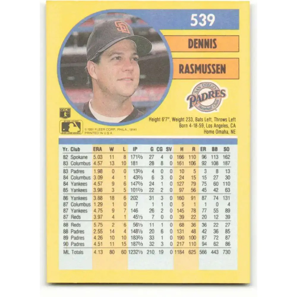 1991 Fleer #539 Dennis Rasmussen NM-MT San Diego Padres Baseball Card - Baseball Card Single