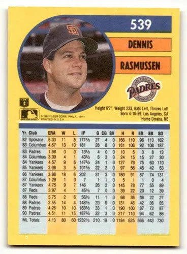 Baseball card back of Dennis Rasmussen San Diego Padres 1991 Fleer card