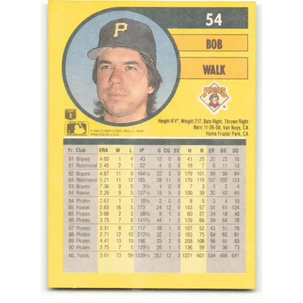 1991 Fleer #54 Bob Walk NM-MT Pittsburgh Pirates Baseball Card - Baseball Card Single