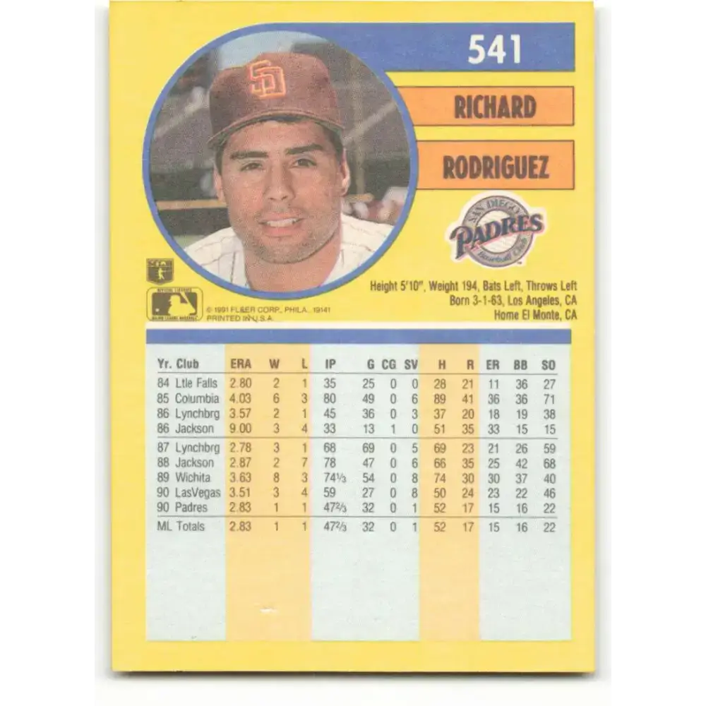 1991 Fleer #541 Rich Rodriguez NM-MT RC Rookie San Diego Padres Baseball Card - Baseball Card Single