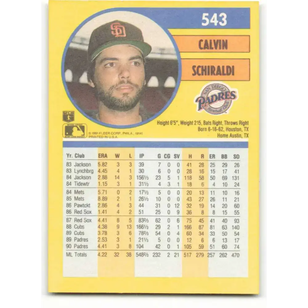 1991 Fleer #543 Calvin Schiraldi NM-MT San Diego Padres Baseball Card - Baseball Card Single