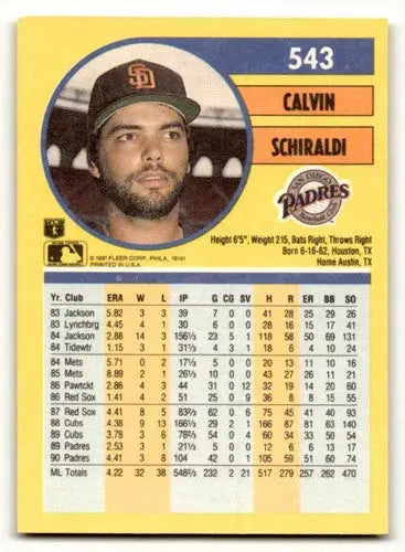 Calvin Schiraldi San Diego Padres baseball card from 1991 Fleer #543