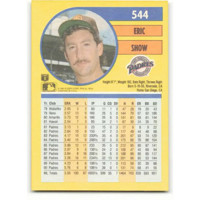 1991 Fleer #544 Eric Show NM-MT San Diego Padres Baseball Card - Baseball Card Single