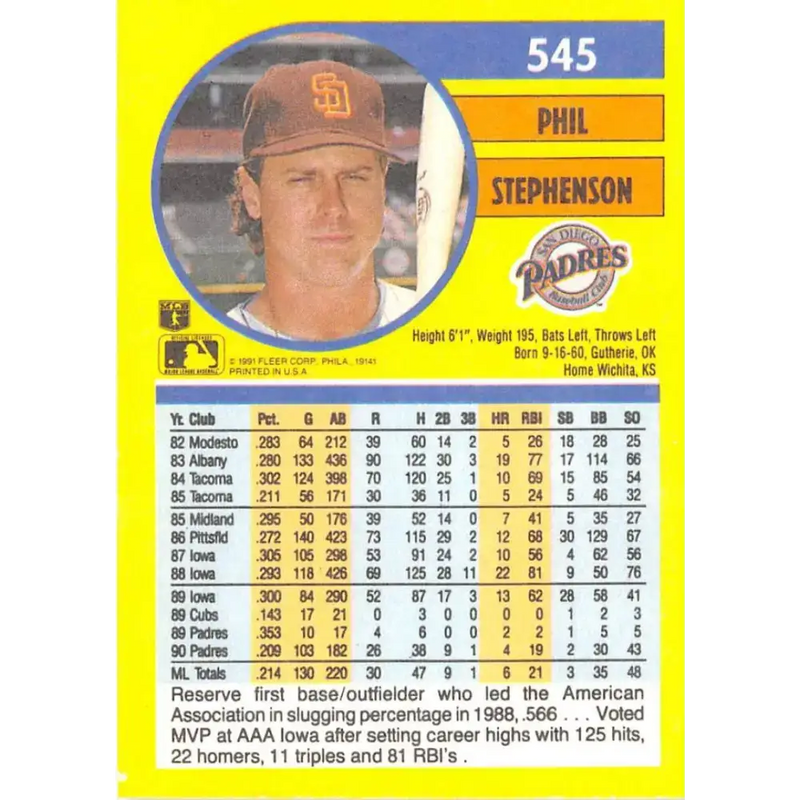 1991 Fleer #545 Phil Stephenson NM-MT San Diego Padres Baseball Card - Baseball Card Single
