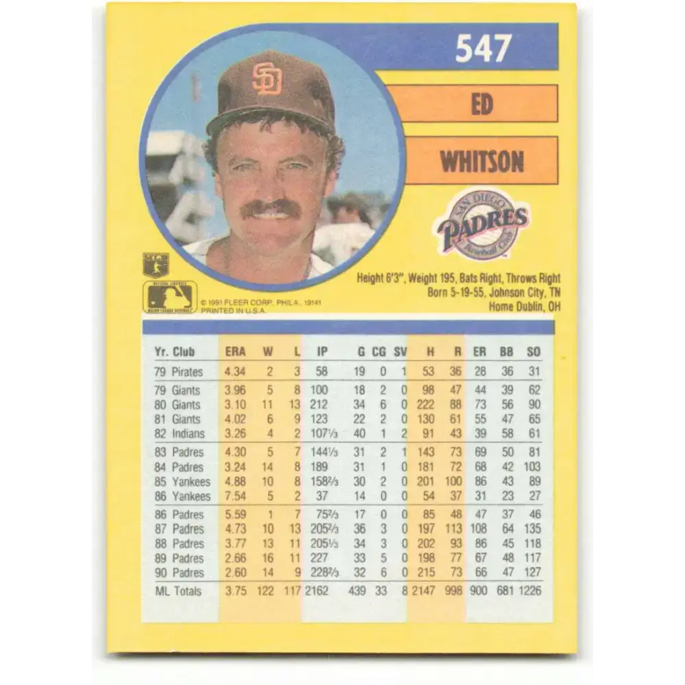 1991 Fleer #547 Ed Whitson NM-MT San Diego Padres Baseball Card - Baseball Card Single