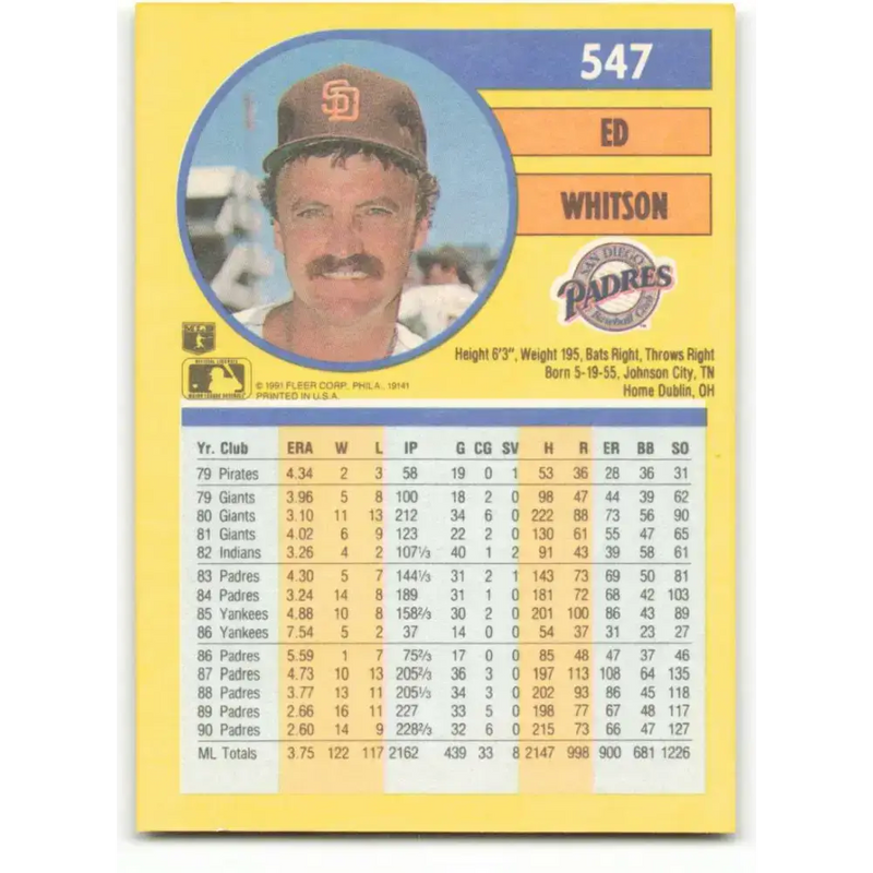 1991 Fleer #547 Ed Whitson NM-MT San Diego Padres Baseball Card - Baseball Card Single