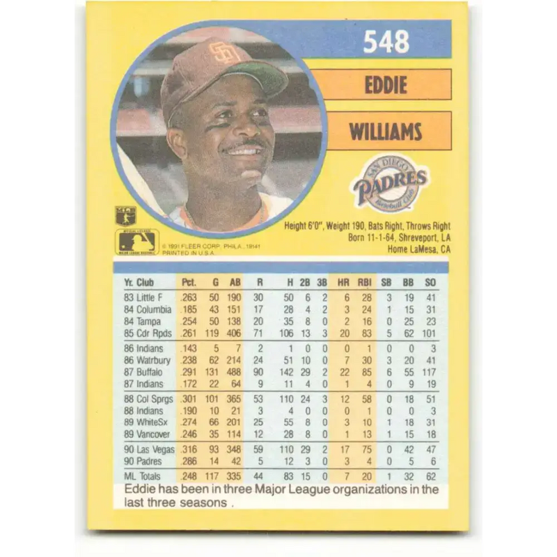 1991 Fleer #548 Eddie Williams NM-MT San Diego Padres Baseball Card - Baseball Card Single