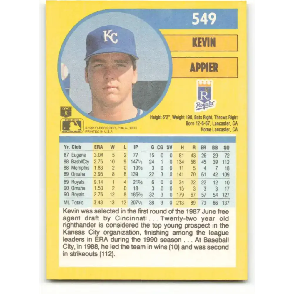 1991 Fleer #549 Kevin Appier NM-MT Kansas City Royals Baseball Card - Baseball Card Single