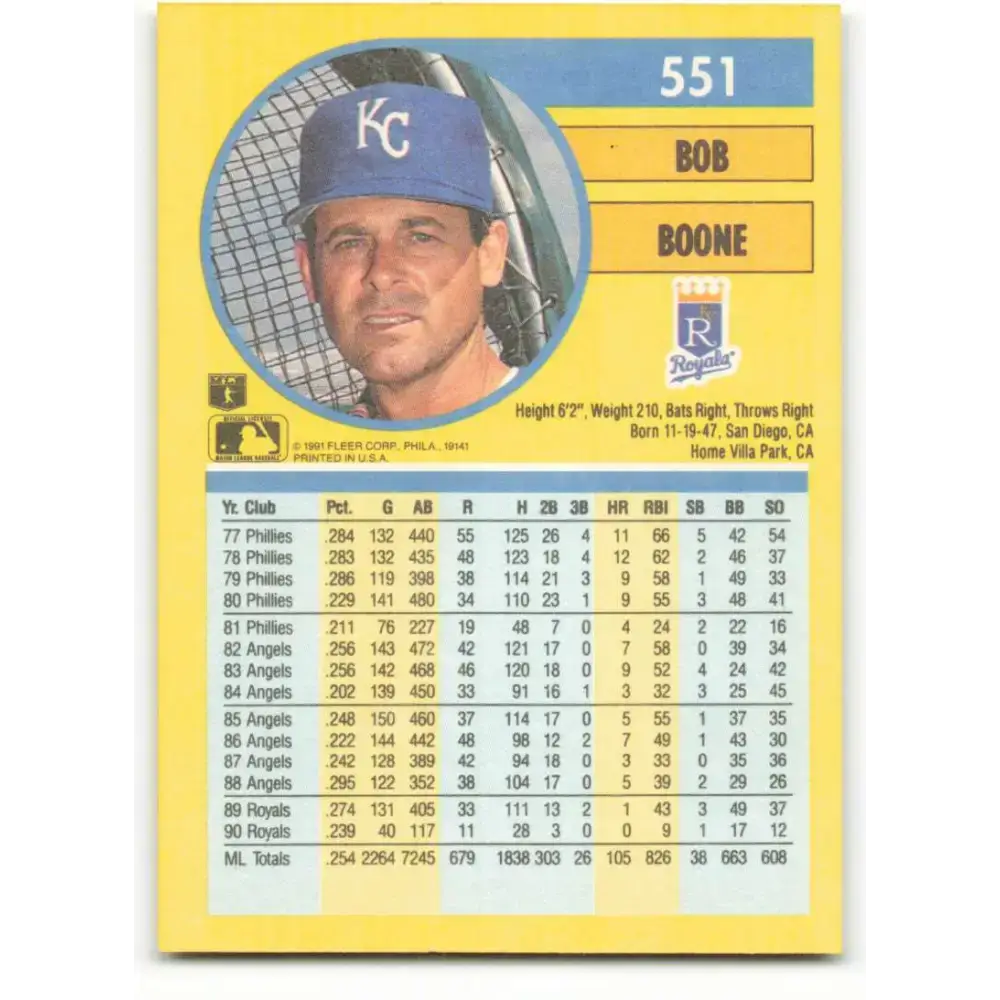 1991 Fleer #551 Bob Boone NM-MT Kansas City Royals Baseball Card - Baseball Card Single