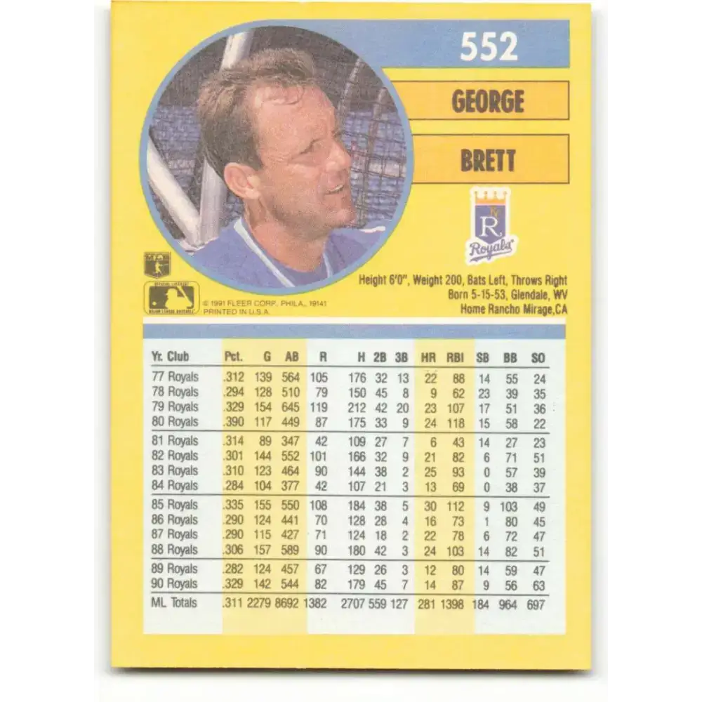 1991 Fleer #552 George Brett NM-MT Kansas City Royals Baseball Card - Baseball Card Single