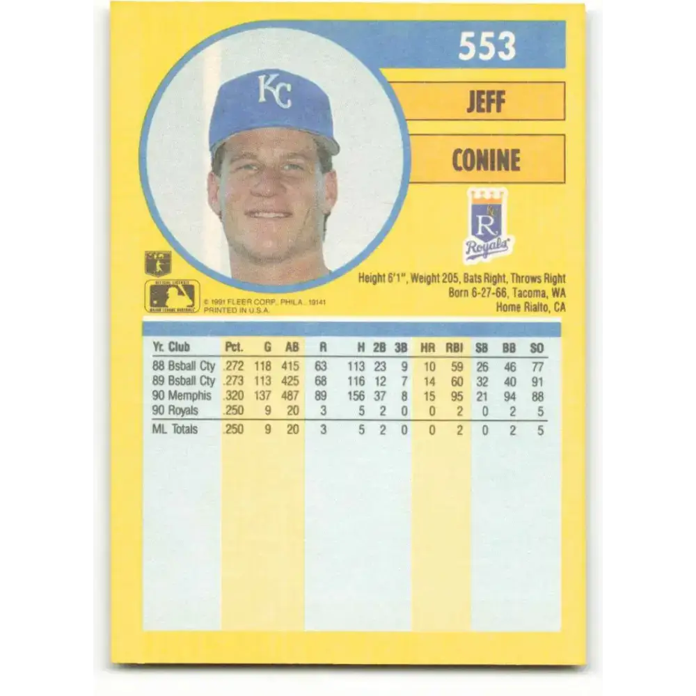 1991 Fleer #553 Jeff Conine NM-MT RC Rookie Kansas City Royals Baseball Card - Baseball Card Single