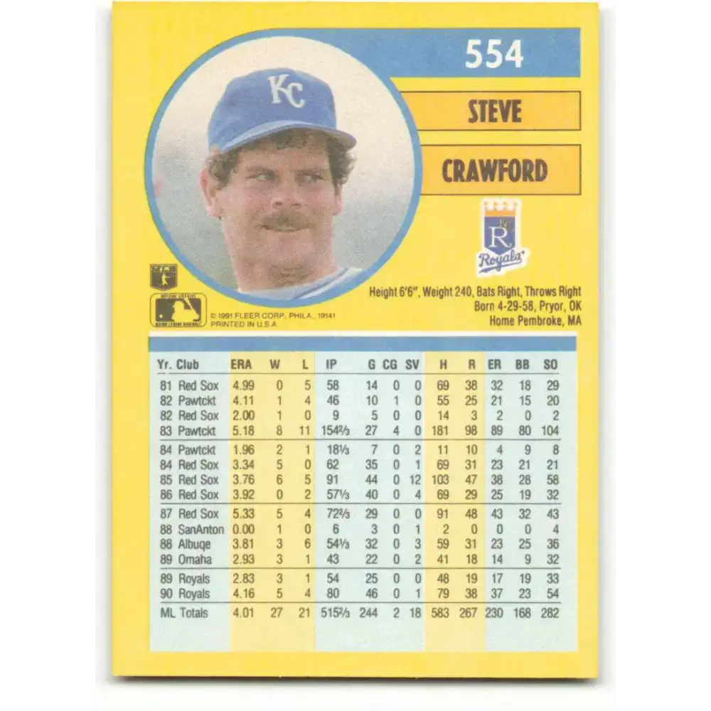 1991 Fleer #554 Steve Crawford NM-MT Kansas City Royals Baseball Card