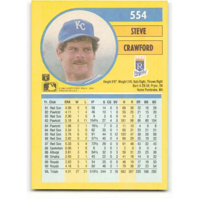 1991 Fleer #554 Steve Crawford NM-MT Kansas City Royals Baseball Card