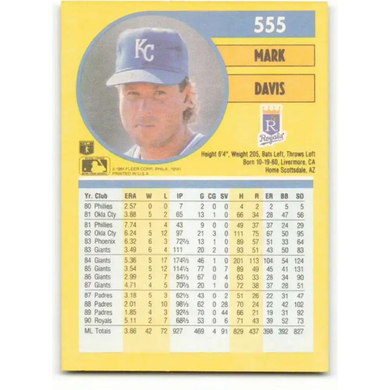 1991 Fleer #555 Mark Davis NM-MT Kansas City Royals Baseball Card - Baseball Card Single