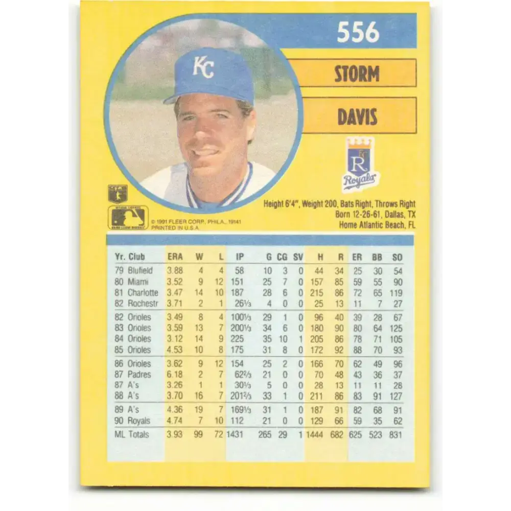 1991 Fleer #556 Storm Davis NM-MT Kansas City Royals Baseball Card - Baseball Card Single