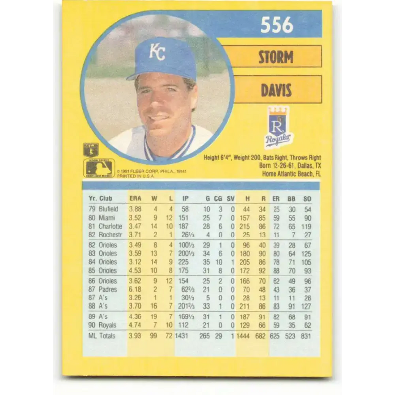 1991 Fleer #556 Storm Davis NM-MT Kansas City Royals Baseball Card - Baseball Card Single