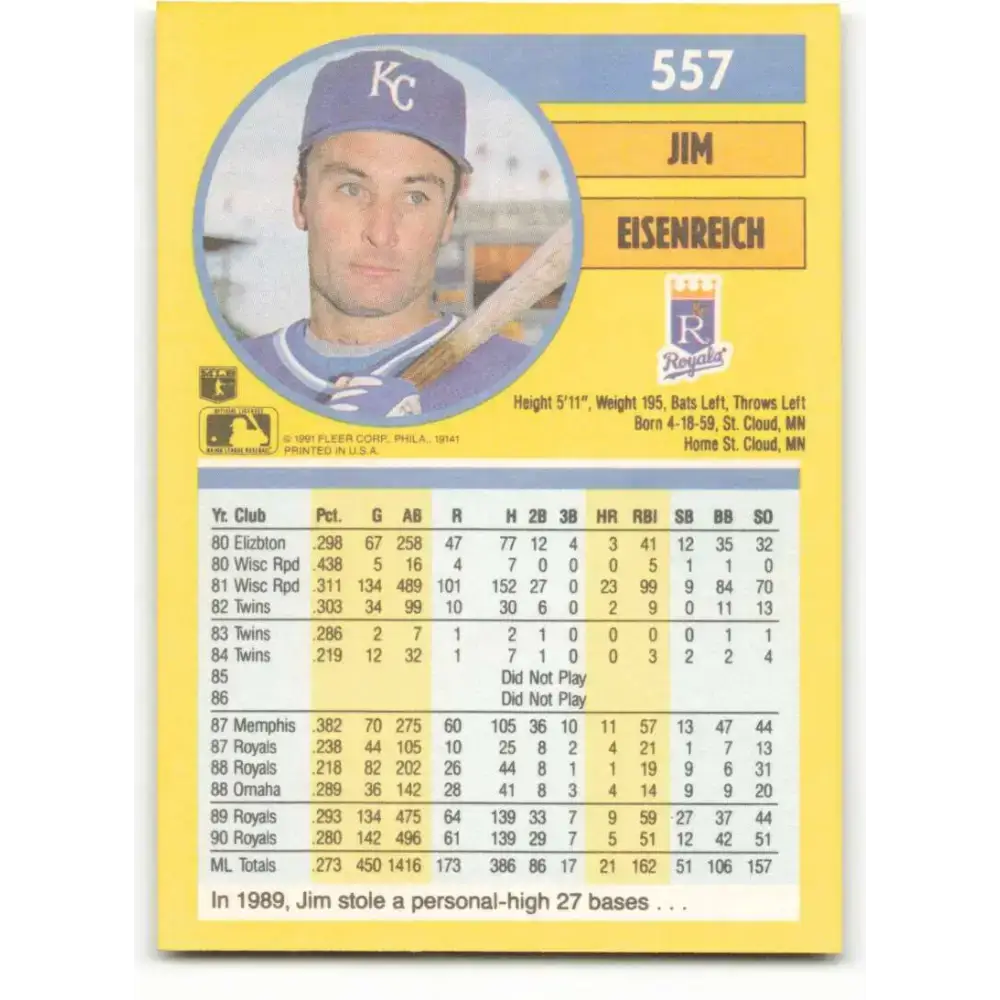 1991 Fleer #557 Jim Eisenreich NM-MT Kansas City Royals Baseball Card - Baseball Card Single