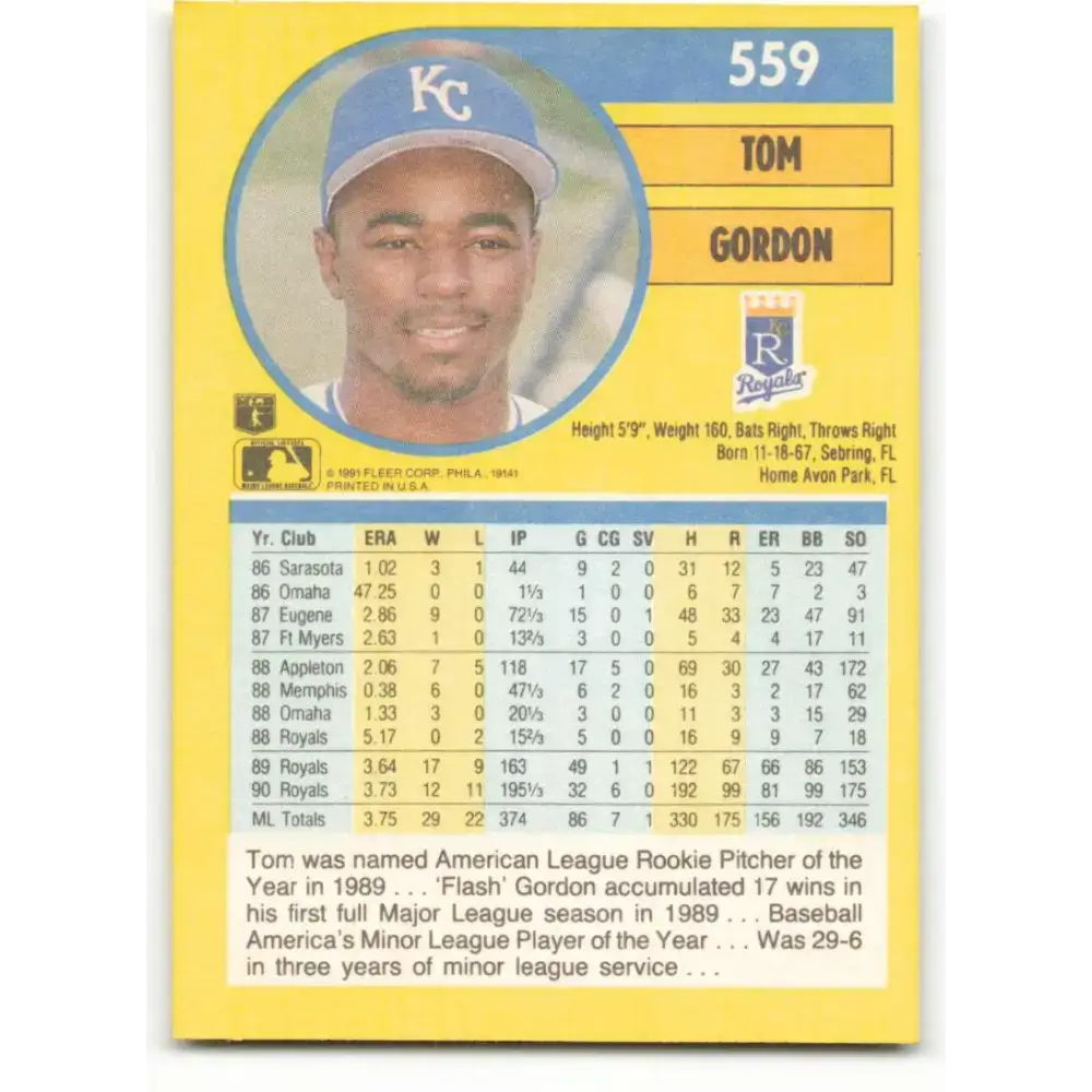 1991 Fleer #559 Tom Gordon NM-MT Kansas City Royals Baseball Card